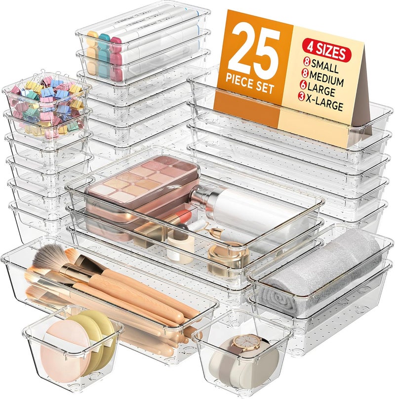 KEMETHY 25 PCS Plastic Drawer Organizers Set, 4 Sizes Vanity Organizer, Makeup and Desk Drawer Organizer Trays, Organization and Storage for Makeup, Bathroom, Kitchen Utensils and Office (Clear) - Image 1